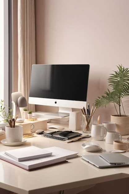 Premium AI Image | Minimalist soft pastel color desk setup interior ...