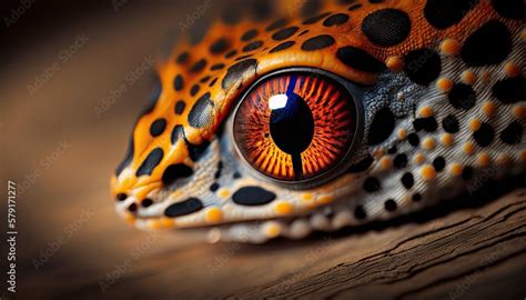 A striking macro shot of a leopard gecko's eye with vivid orange and black patterns, set against ...