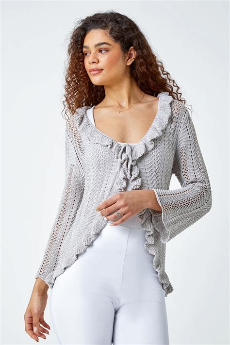 Silver Pointelle Knit Frill Trim Cardigan Roman Uk