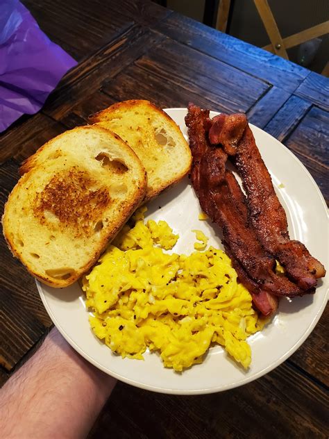 Homemade Scrambled Eggs Thick Cut Bacon And Toast Made On Cast Iron Rfood