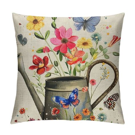 Nawypu Spring Floral Pillow Cover Flower In Watering Can And Butterfly