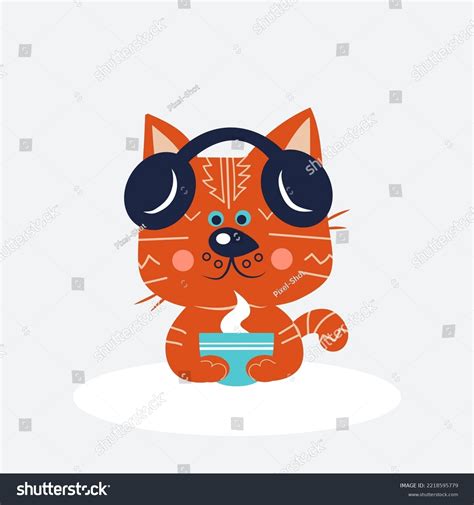 Cute Cat Headphones Hot Tea On Stock Vector Royalty Free 2218595779 Shutterstock