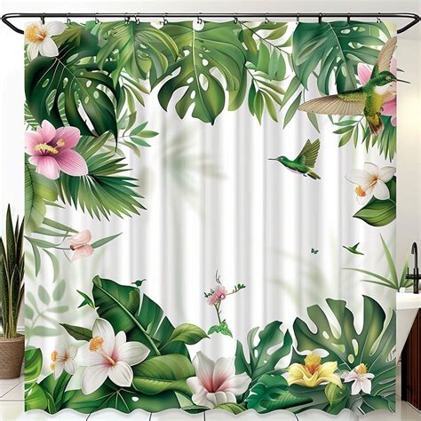 Vibrant Tropical Rainforest Shower Curtain Design Featuring Flowers