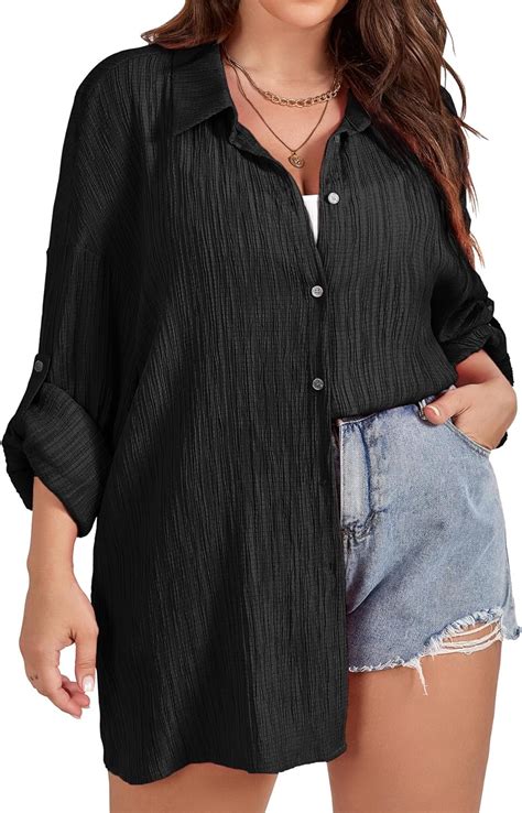 Scomchic Women Plus Size Button Down Shirts Long Roll Up Sleeve V Neck