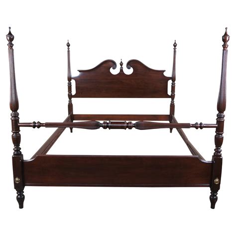 1988 Ethan Allen Queen Georgian Court Dark Cherry Pediment Poster Bed