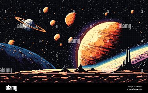 Generative Ai Galaxy Stars And Planets In Solar System Landscape 8bit Pixel Art Game Scene With