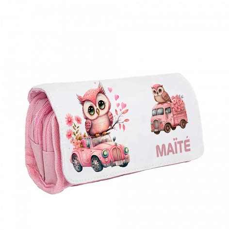 Trousse Rose personnalisée motif chouette Trousse enfant prénom