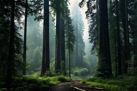 Premium Photo A Serene Misty Forest With Towering Redwoods Realistic