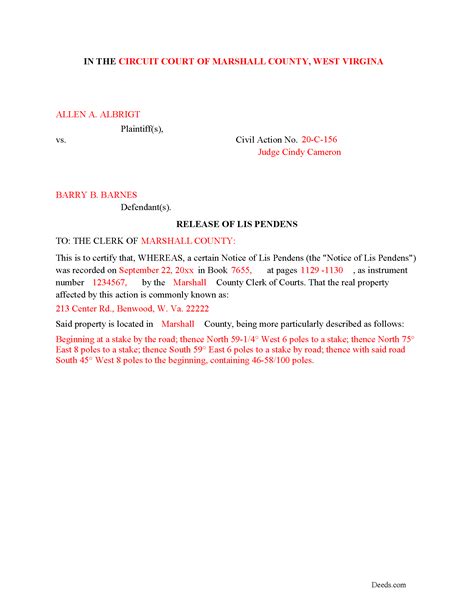 Mineral County Release Of Lis Pendens Form West Virginia Deeds