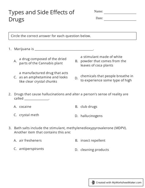 Types And Side Effects Of Drugs My Worksheet Maker Create Your Own