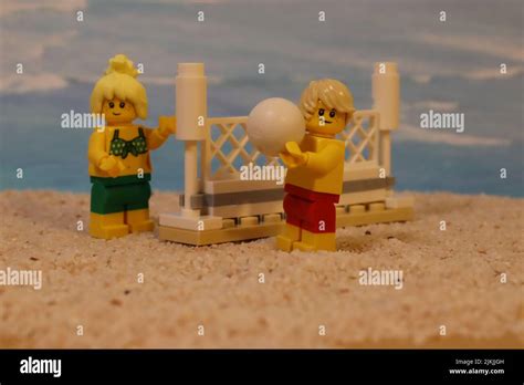 A Close Up Of Lego Toy Figures Playing Volleyball Stock Photo Alamy