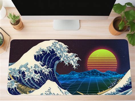 Retro Vaporwave Sunset Japanese Mouse Pad Great Wave Off Kanagawa Desk