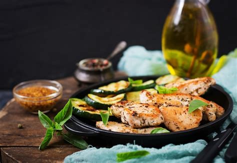 Premium Photo Chicken Fillet With Zucchini Cooked On Grill