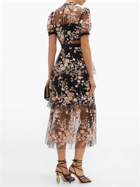 Self Portrait Floral Sequin Embellished Tulle Midi Dress In Black Lyst