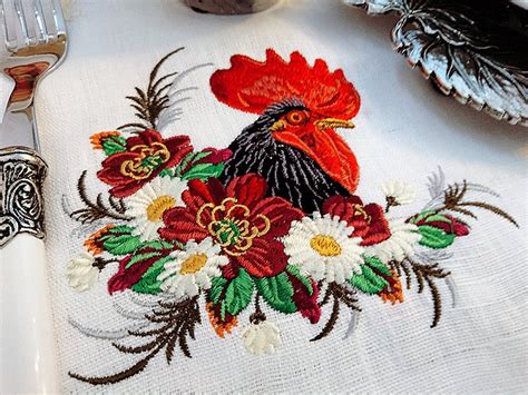 Machine Embroidery Design Rooster in a thicket of flowers 2 | Etsy