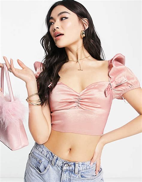 Naanaa Puff Sleeve Sweetheart Neck Crop Top In Pink Asos