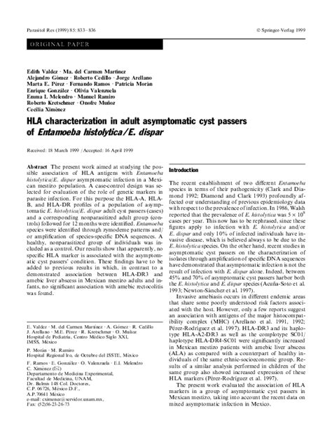 Pdf Hla Characterization In Adult Asymptomatic Cyst Passers Of Entamoeba Histolyticae Dispar