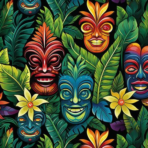 Premium Photo Seamless Color Pattern With Tiki Masks And Leaves