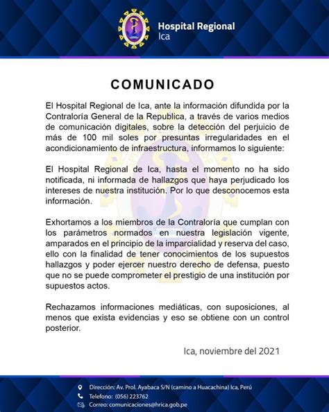 Hospital Regional De Ica Emite Comunicado Tras Informe Sobre Presunto