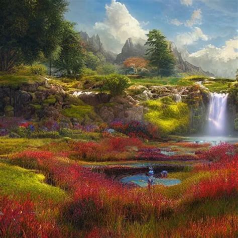 A Fantasy Meadow With Pond And Waterfall In The Stable Diffusion