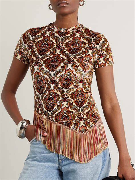 Rabanne Asymmetric Fringed Floral Print Velvet Top Net A Porter