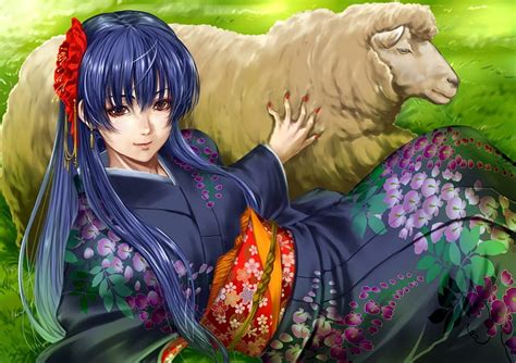 Resting Manga Year Kimono Animal Sheep Girl Green Anime