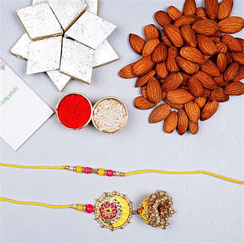 Bhai Bhabhi Rakhi Set With Kaju Katli And Almonds Uk Gift Bhai Bhabhi