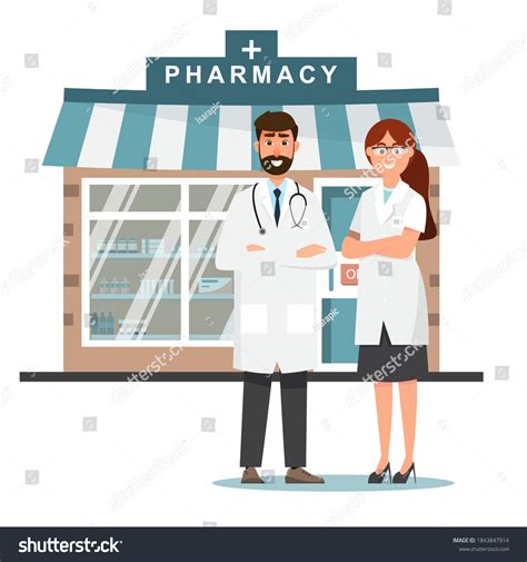 Pharmacy Doctor Nurse Front Drugstore Cartoon Stock Vector Royalty