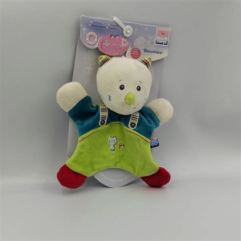 Doudou plat chat blanc vert bleu rouge rayé SUCRE D ORGE