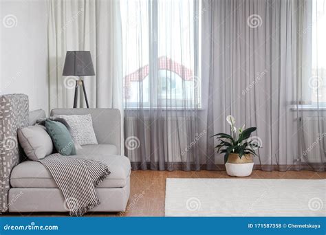 Window with Stylish Curtains in Living Room Stock Photo - Image of ...