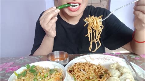 Asmr Eating Veg Fried Ricechowmeinveg Momospicy Chilly With Chutney🥵