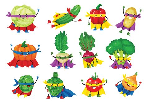 Vegetable Hero Characters Funny Tomato Broccoli Cucumber In