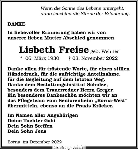 Traueranzeigen Von Lisbeth Freise Trauer Anzeigen De