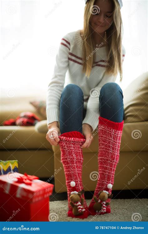 Girl Wearing Red Christmas Socks Stock Photo Image Of Christmas