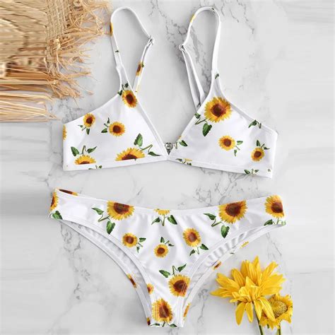 Women Floral Bikini Swimwear Sunflower Push Up Cold Shoulder Monokini