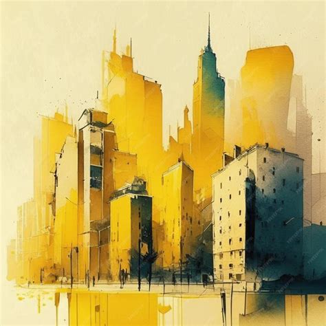 Premium AI Image | City scape watercolor painting in yellow and grey ...