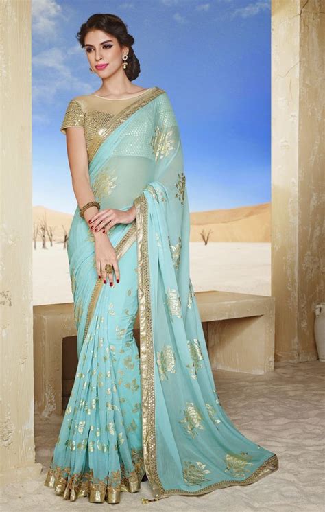 Light Blue Sari With Golden Work Party Wear Sarees Saree Blouse