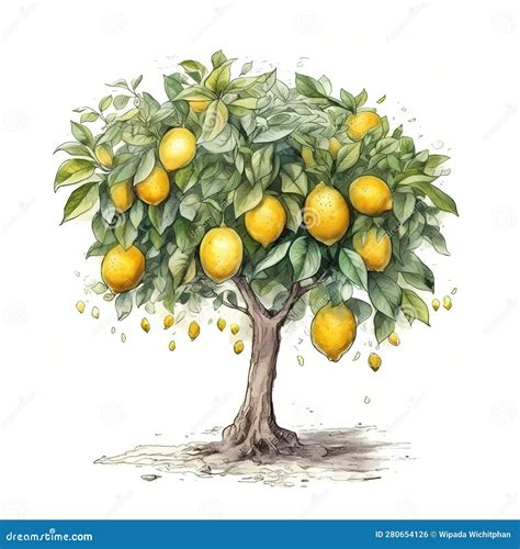 Lemon Tree Watercolor Painted Illustration Stock Illustration