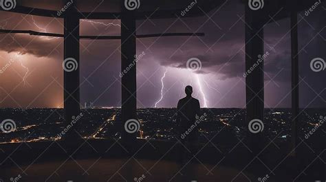 Silhouette Of A Person In The Window Watching The Lightning And