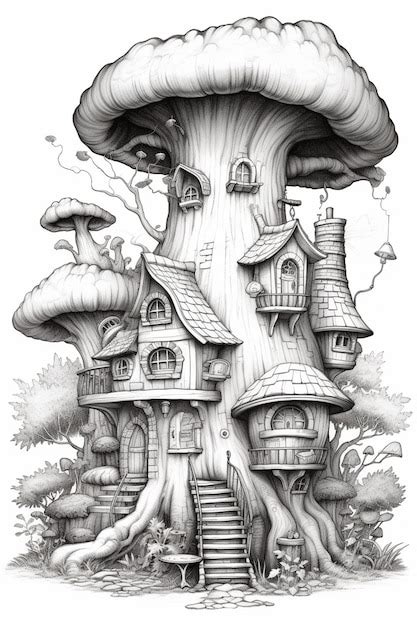 Premium Ai Image A Drawing Of A Mushroom House With Stairs Leading Up