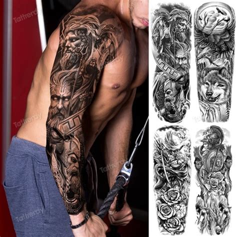 Men Large Full Arm Sleeve Tattoo Amazing Temporary Tattoos God Wolf Moon Dragon Ebay