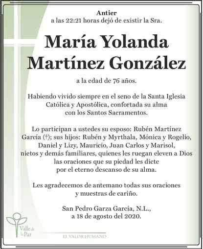 Sra María Yolanda Martínez González Obituario Esquela