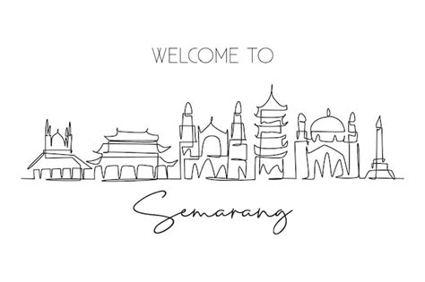 Premium Vector | Single continuous line drawing semarang city skyline ...