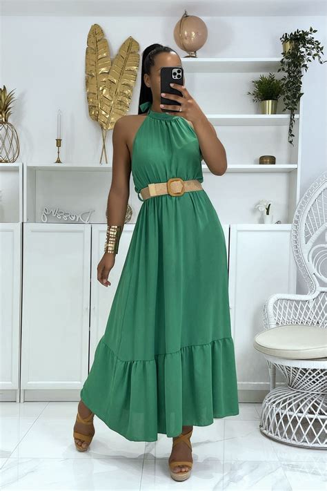 Robe Longue Verte à Col Rond à Ceinture Effet Paille Style Bohème Chic