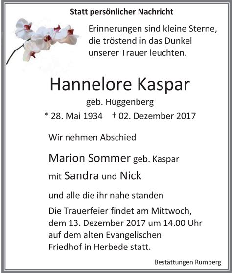 Traueranzeigen Von Hannelore Kaspar Trauer In Nrw De