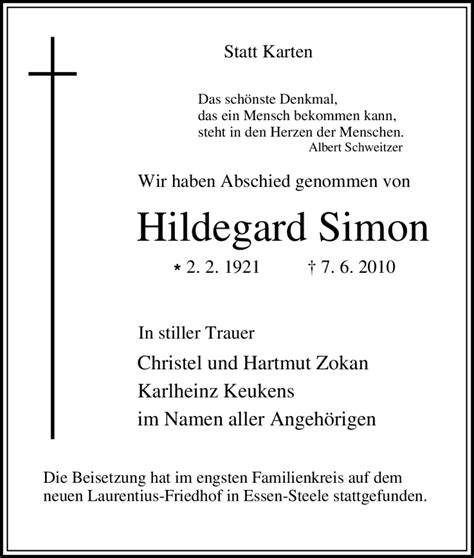 Traueranzeigen Von Hildegard Simon Trauer In Nrw De