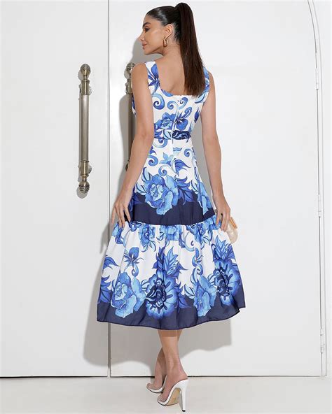 Dress Us Vestido Miss Misses Midi Estampado Ziper Azul