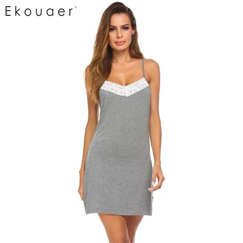 Ekouaer Night Dress Summer Nightwear Spaghetti Strap Lace Patchwork A