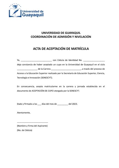 Acta De Aceptación De Matrícula Filo Ug Universidad De Guayaquil