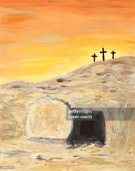 Religious Easter Sunrise And Empty Tomb Art Painting With Crosses High